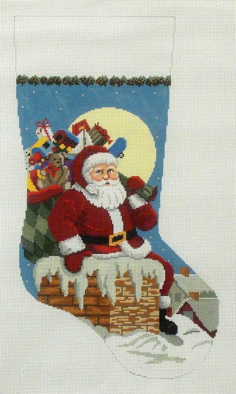 Santa Down the Chimney Boy Stocking   (Handpainted by Susan Roberts)