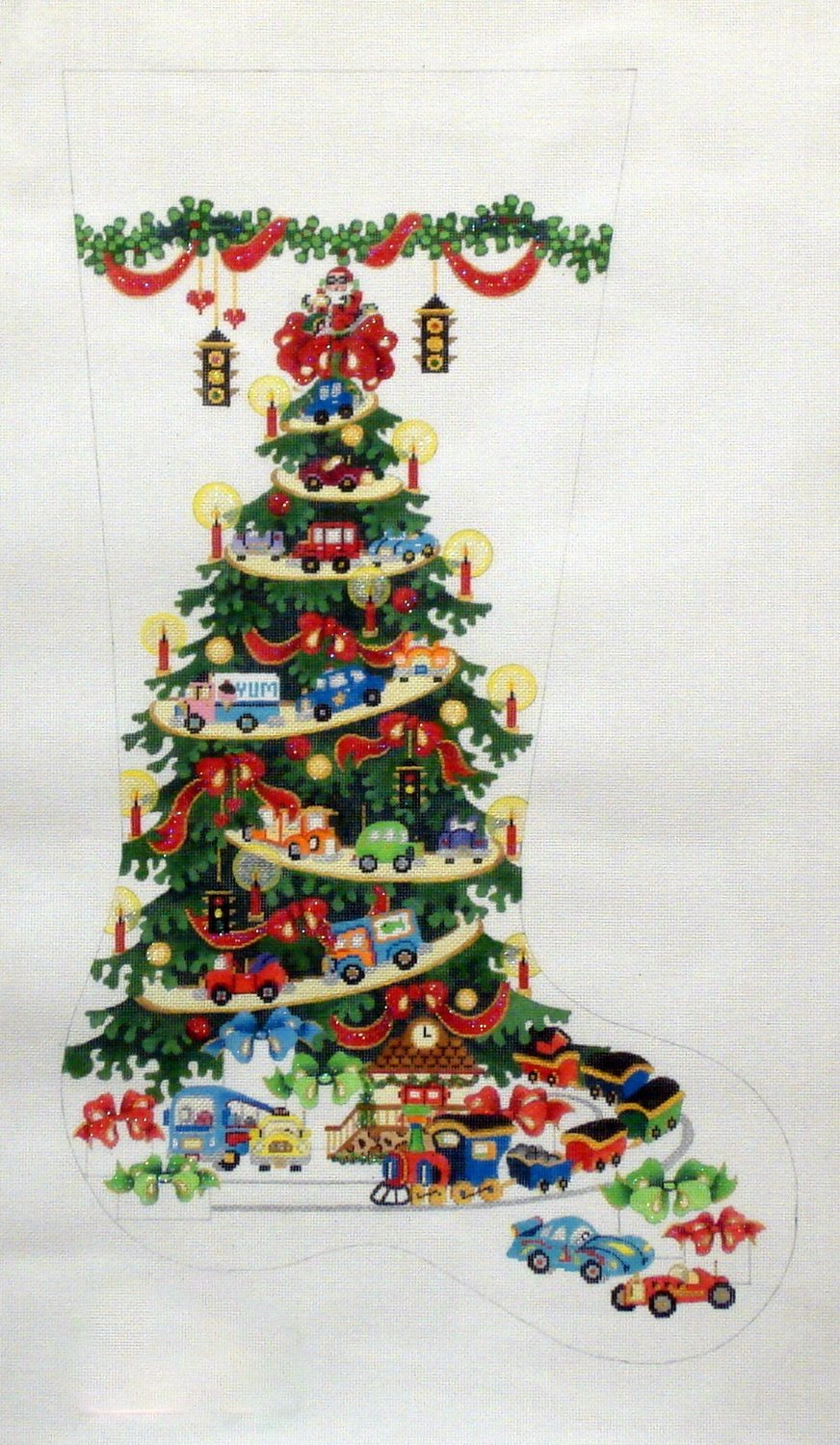 Transportation Tree, Cars & Trucks, Red Ribbons Stocking     (handpainted by Strictly Christmas)*Product may take longer than usual to arrive*