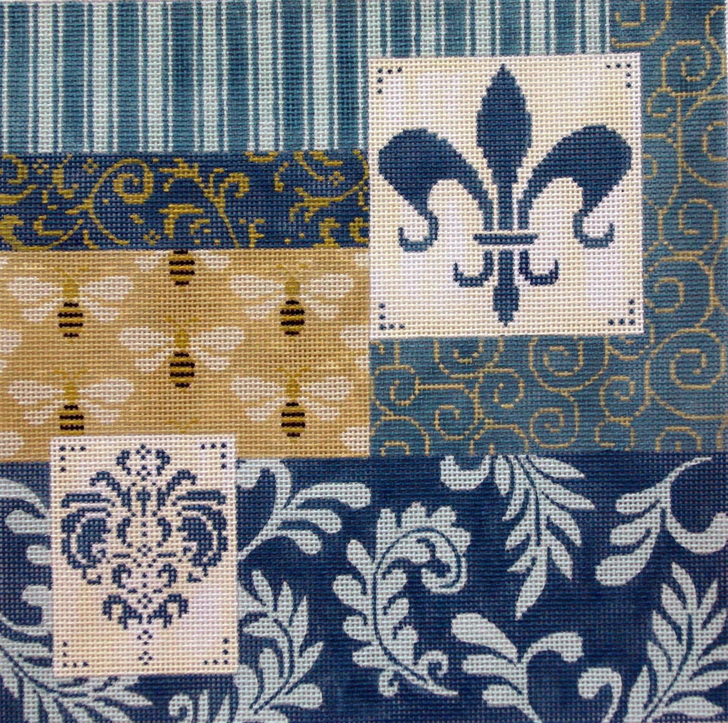 Blue Patchwork w/Fleur & Bees     (Handpainted by JP Needlepoint)