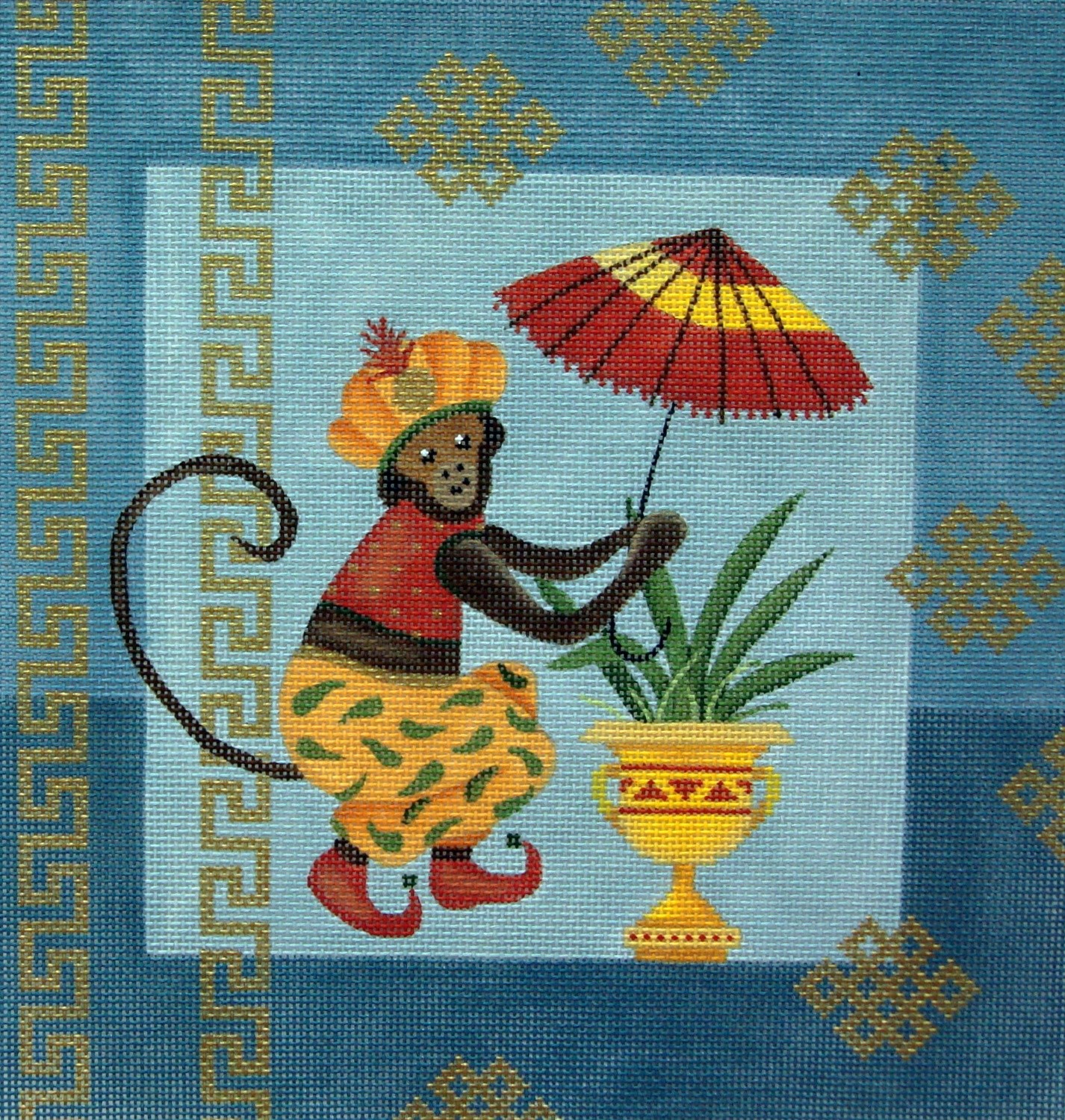 Monkey And Umbrella     (Handpainted by JP Needlepoint Design)