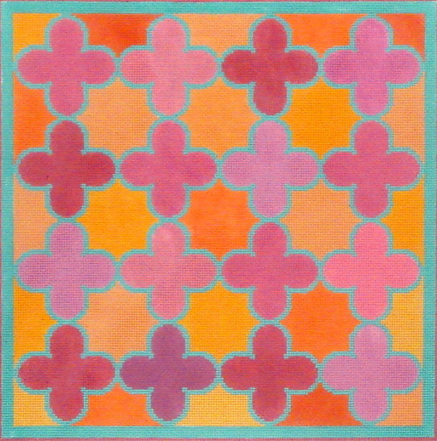 Moroccan Tiles (Quatrefoils in pinks, oranges w/turquoise)  (Handpainted by Kate Dickerson Needlepoint Collection)
