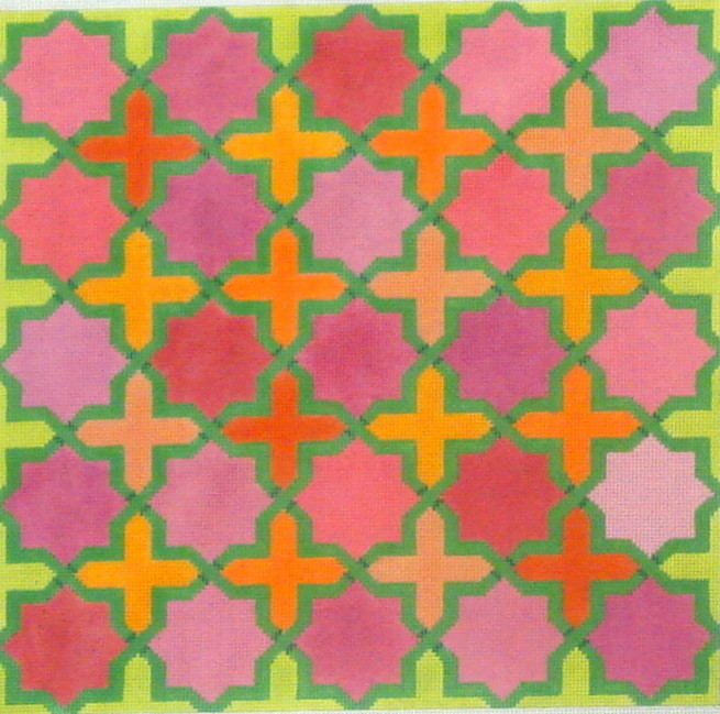 Moroccan Tiles (Crosses & stars in pinks, oranges w/ greens)  (Handpainted by Kate Dickerson Needlepoint Collection)
