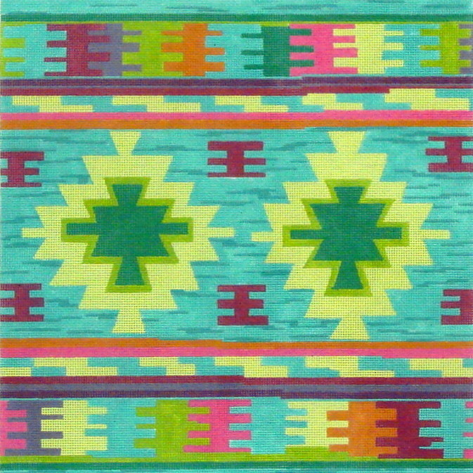 Dhurrie Square w/ 4 Medallions, Circus Palette   (Handpainted by Kate Dickerson)
