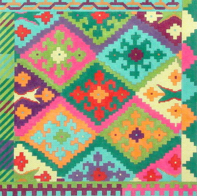 Kilim Square w/Stepped Diamonds, Circus Palette  (Handpainted by Kate Dickerson)