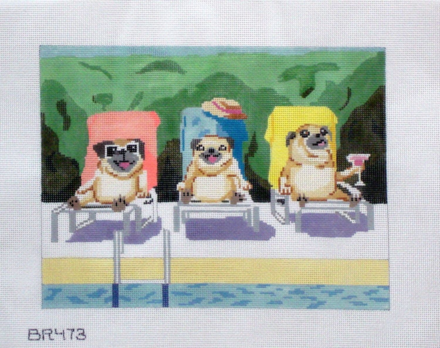 Poolside Pugs  (Handpainted by Barbara Russell Designs)