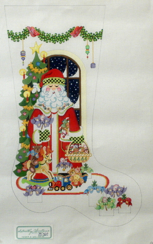 Santa in Green and Black Checkered Gloves Stocking  (Handpainted by Strictly Christmas)
