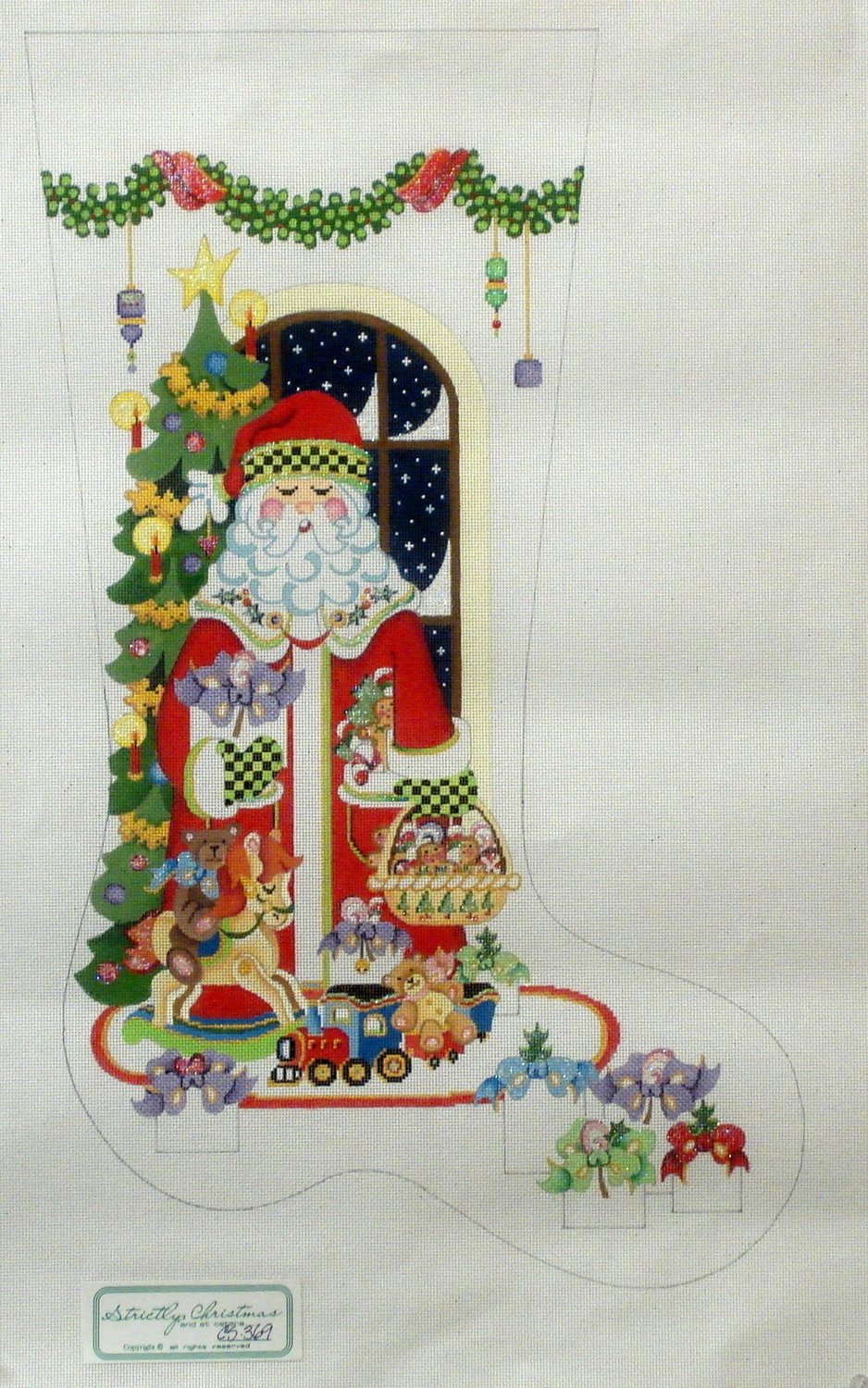 Santa in Green and Black Checkered Gloves Stocking  (Handpainted by Strictly Christmas)