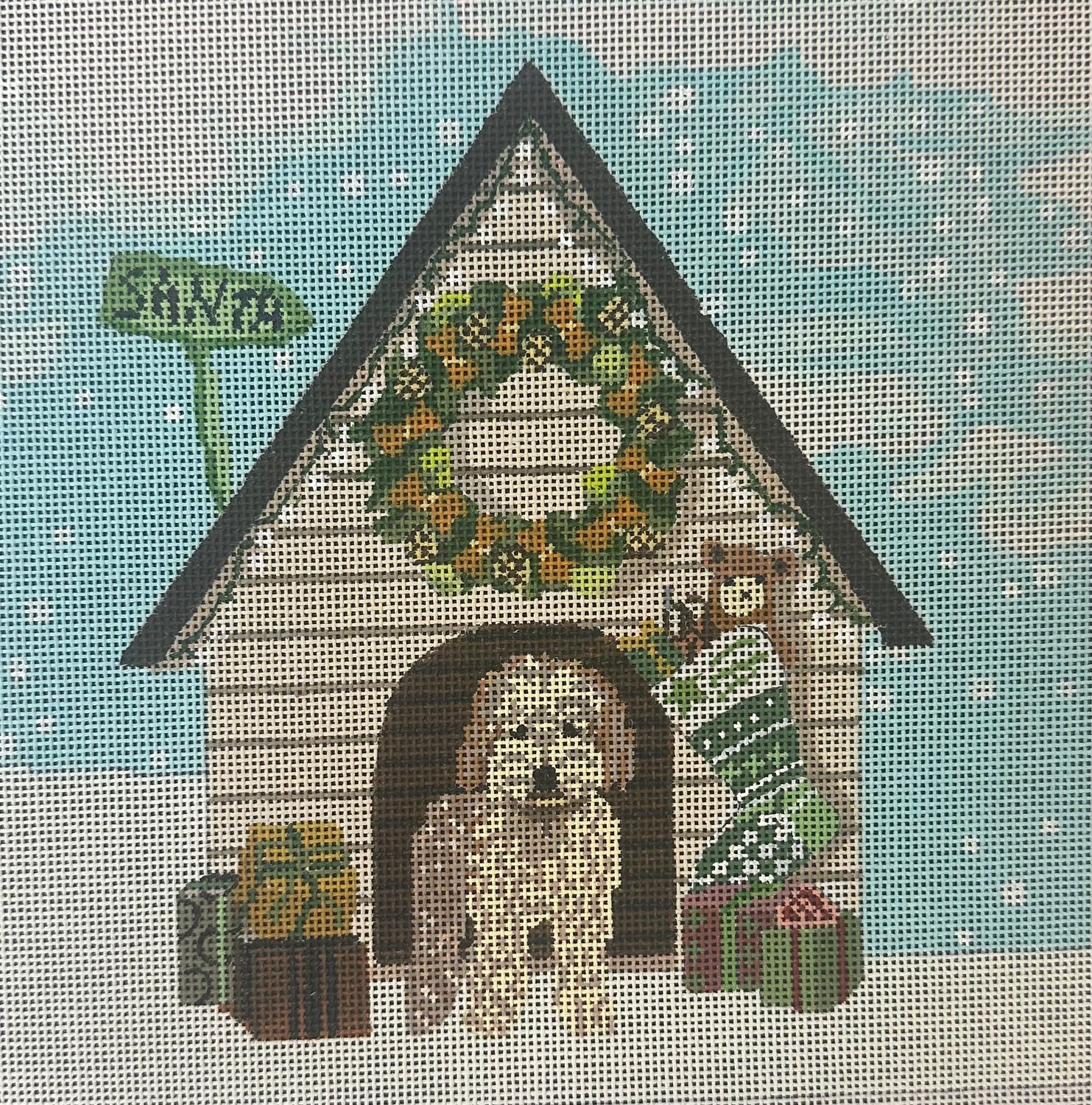 Doodle in Xmas Doghouse  (Handpainted by CBK- Fab Funky)