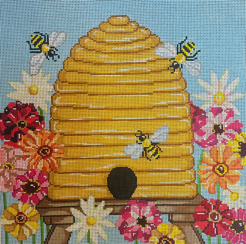 Bee Skep with Zinnias  (Handpainted by The Meredith Collection)