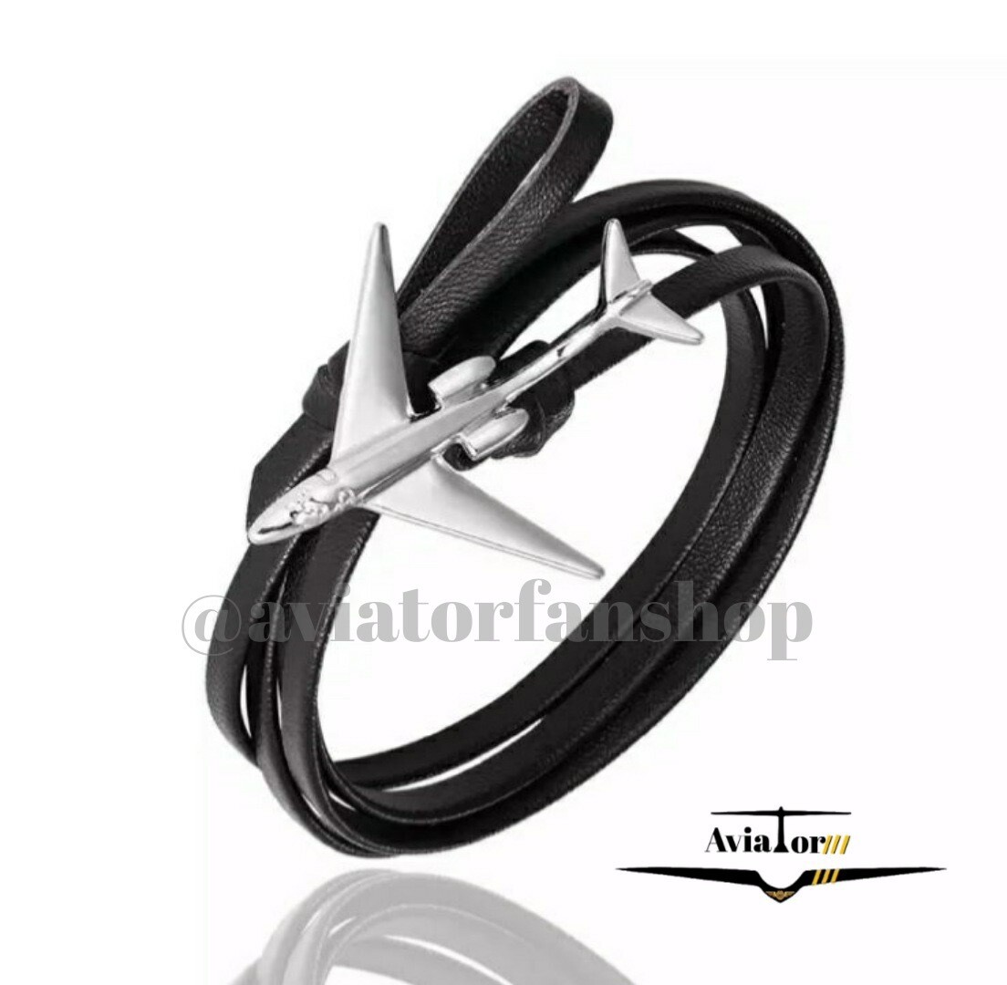 Pulsera En Cuero Para Enlazar Negra Con Avión Plateado