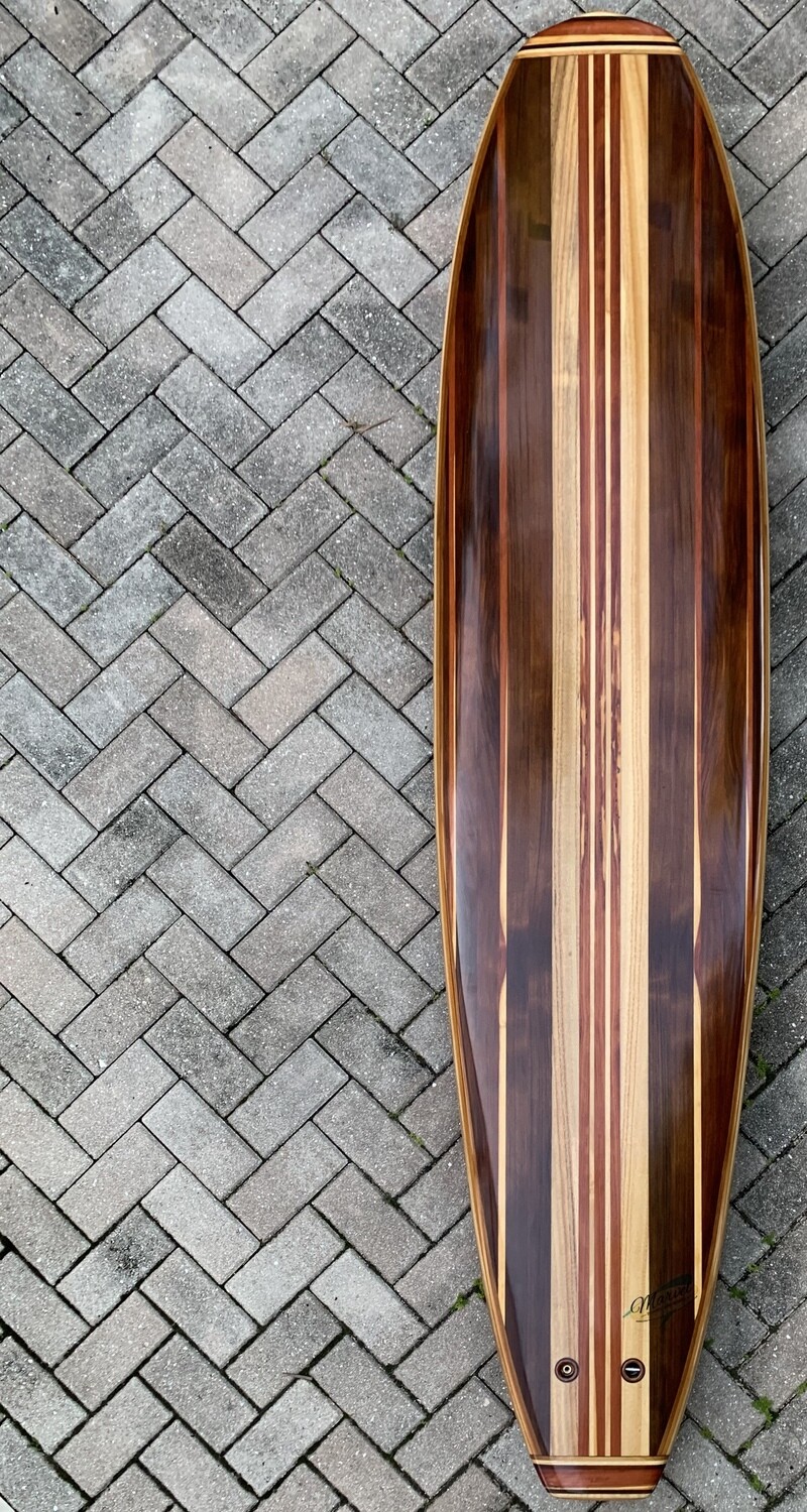 Surfboard, Mini "Mal", 7'8" x 22" single fin hollow wood surfboard, double concave bottom