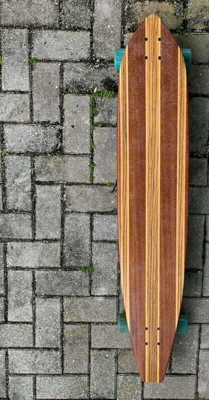 Longboard, 45 3/4" x 9" mahogany, zebrawood Longboard, 45 3/4" x 9" mahogany, zebrawood