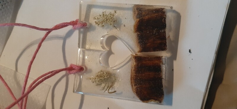Matching set, half heart pendents With Turkey Tails and Queen Annes Lace