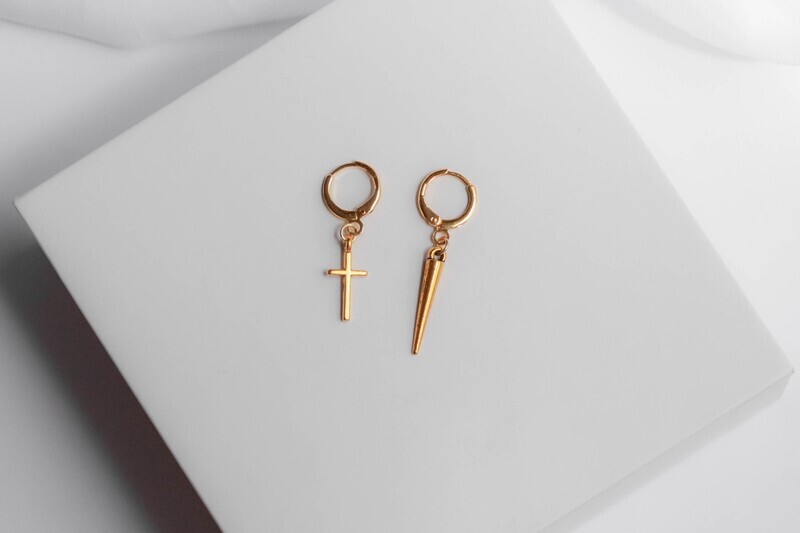 Simple Asymmetrical Cross and Spike Earrings