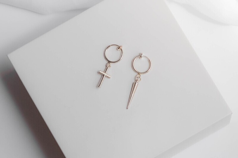 Simple Asymmetrical Cross and Spike Earrings