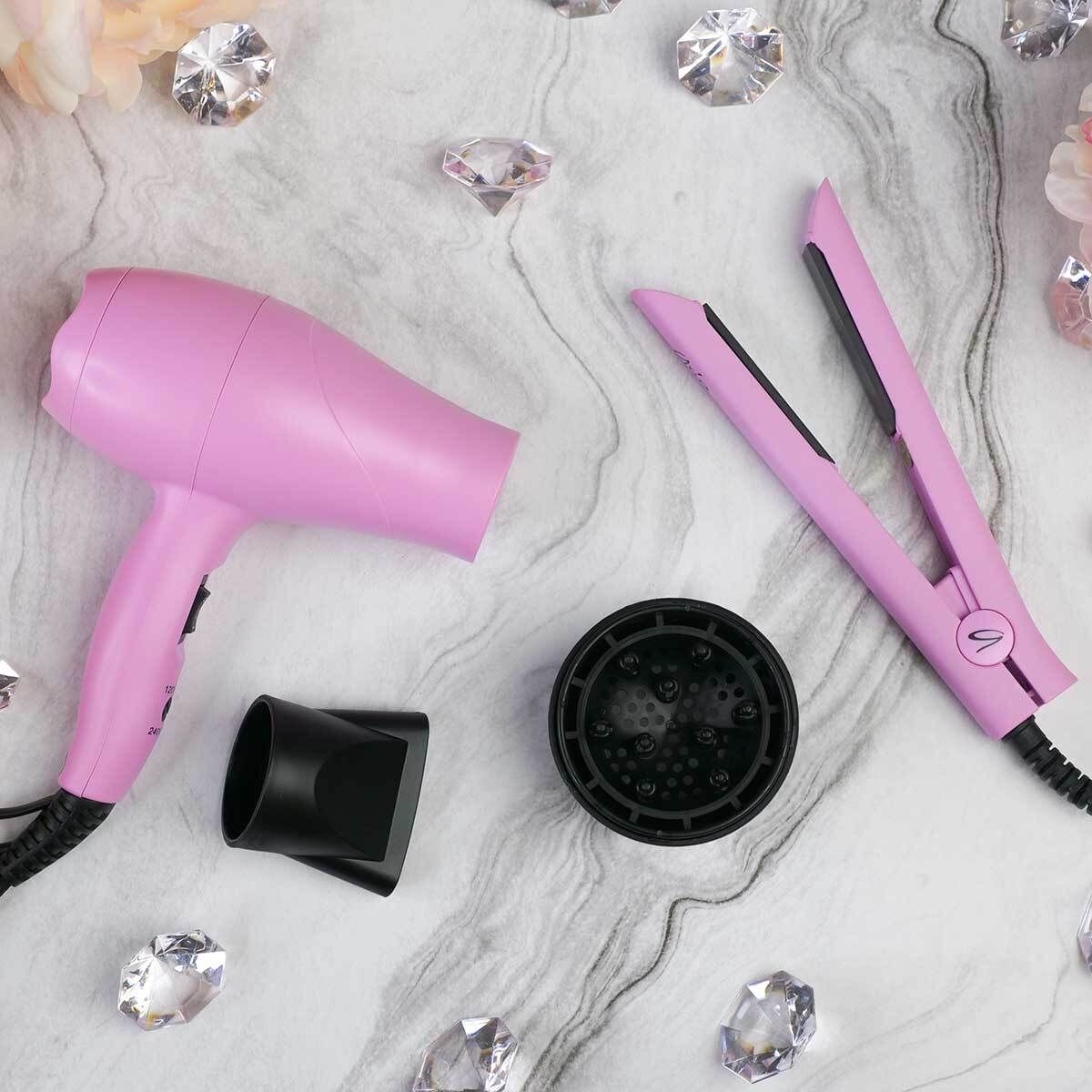 Aria Beauty - Mini Ensemble de Voyage : Fer Plat et Séchoir Rose