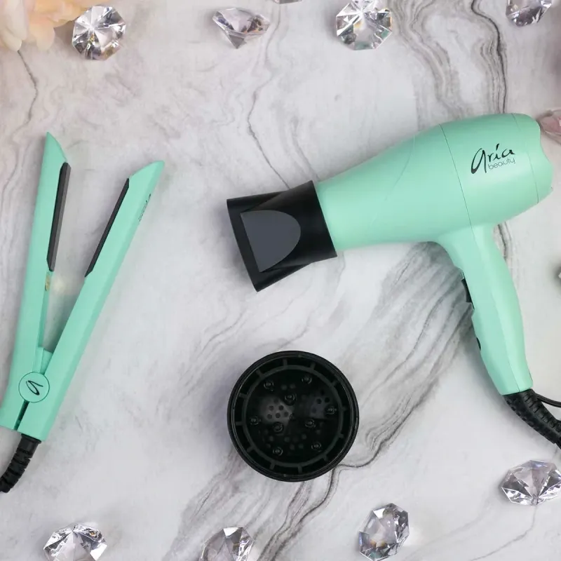 Aria Beauty - Mini Ensemble de Voyage : Fer Plat et Séchoir Turquoise