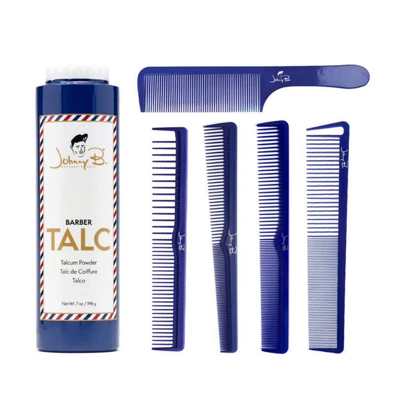 Johnny B. - Art of Barbering - Barber Talc (198g) et 5 peignes bleus