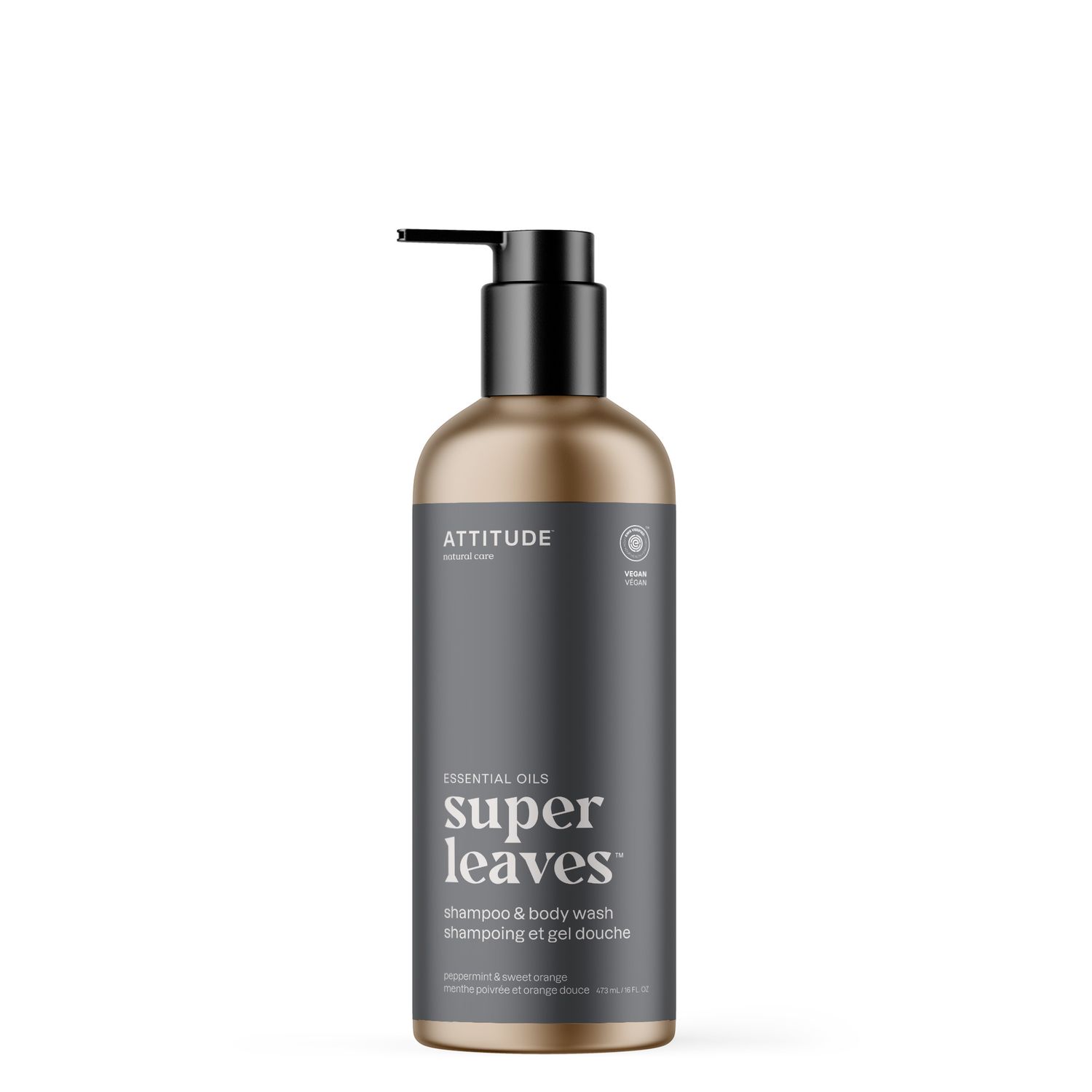 Attitude - Super Leaves Hommes - Shampoing et Savon Corps 2en1  - Menthe Poivrée et Orange Douce (473ml)