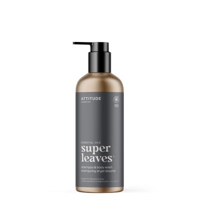 Attitude - Super Leaves Hommes - Shampoing et Savon Corps 2en1  - Menthe Poivrée et Orange Douce (473ml)