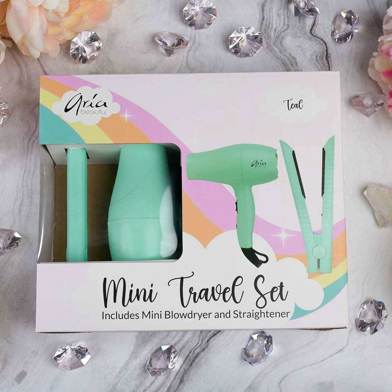 Aria Beauty - Mini Ensemble de Voyage : Fer Plat et Séchoir Turquoise