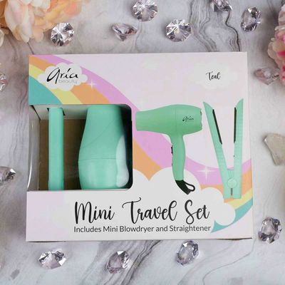 Aria Beauty - Mini Ensemble de Voyage : Fer Plat et Séchoir Turquoise