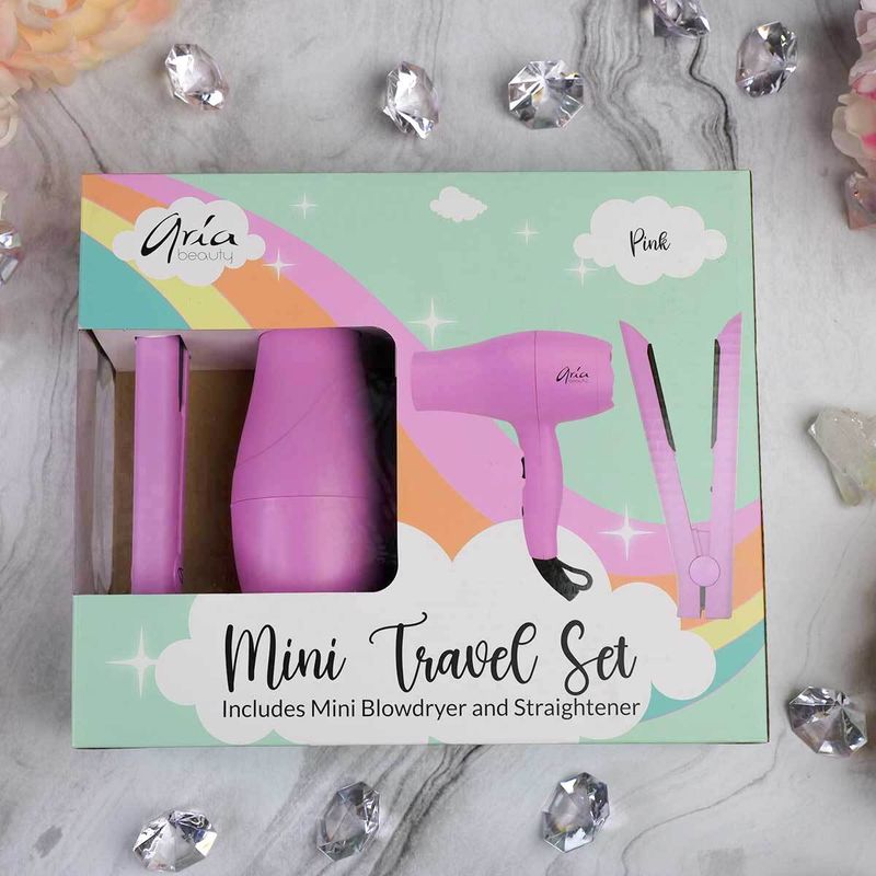 Aria Beauty - Mini Ensemble de Voyage : Fer Plat et Séchoir Rose