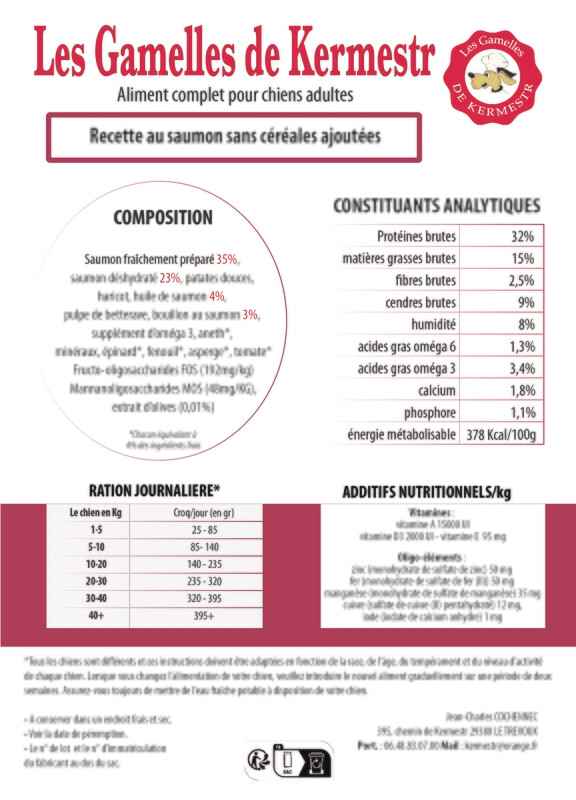 Croquettes sans céréales SAUMON 65% pour chien -12kg