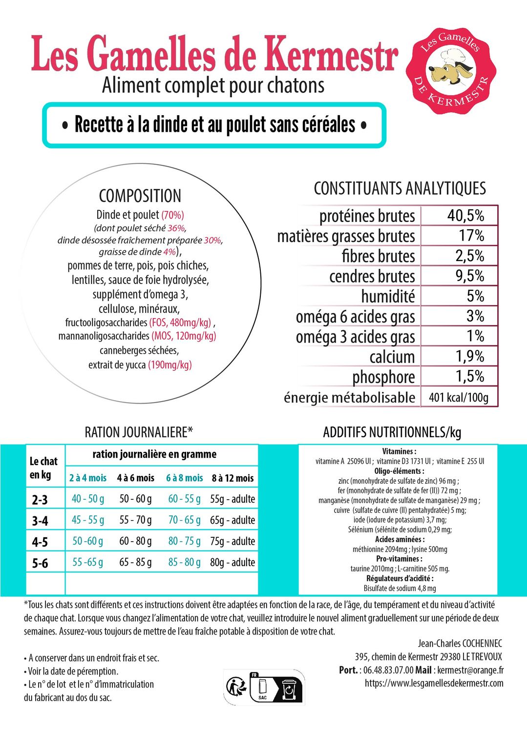composition Croquettes Sans Céréales dinde poulet pour chatons : les gamelles de kermestr