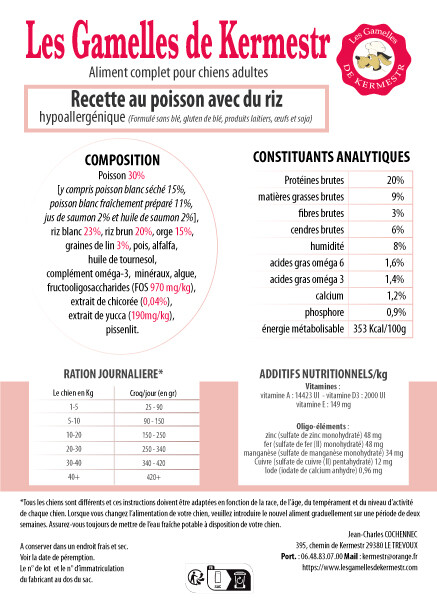 composition des Croquettes super premium poisson blanc avec riz  pour chien  : les gamelles de kermestr