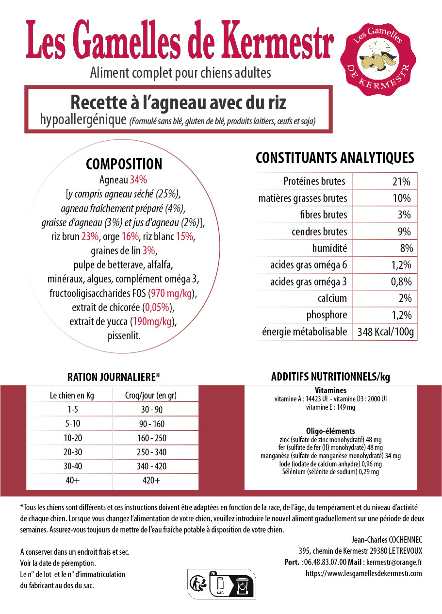 composition des Croquettes super premium agneau riz pour chien  : les gamelles de kermestr