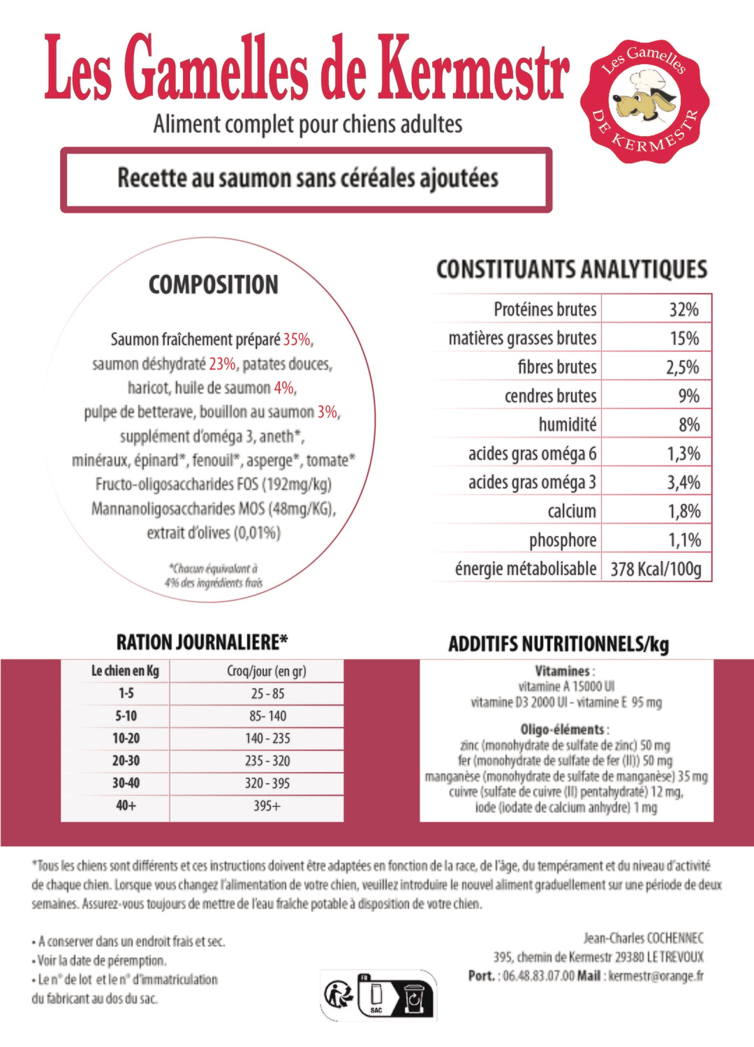 Composition des Croquettes Sans Céréales saumon à 65% pour chien  : les gamelles de kermestr