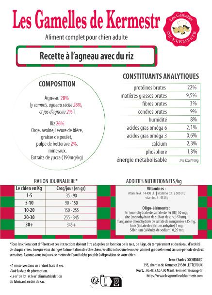 composition des Croquettes super premium agneau riz pour chien : les gamelles de kermestr