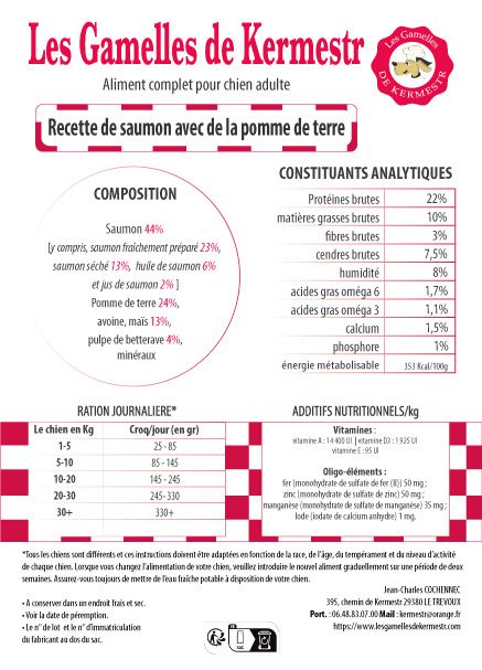 Composition des Croquettes super premium saumon pommes de terres pour chien : les gamelles de kermest