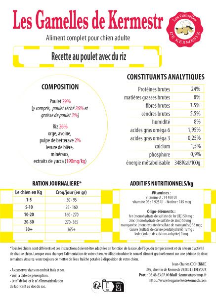 composition des Croquettes super premium poulet riz pour chien : les gamelles de kermestr