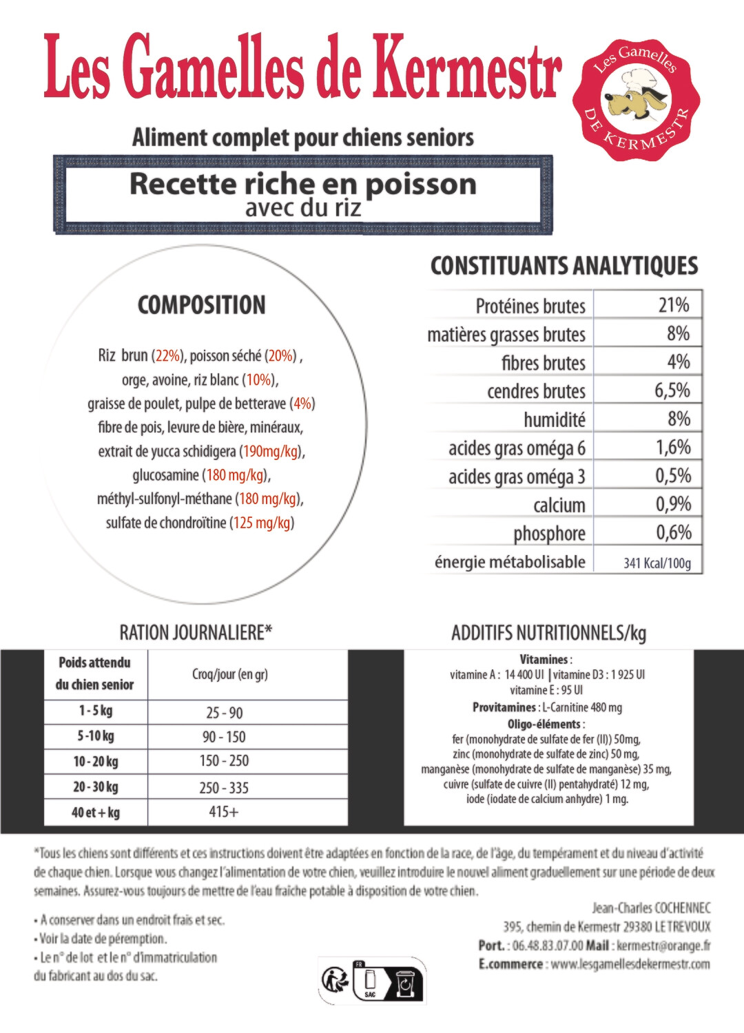 composition des Croquettes super premium pour chien  séniors : les gamelles de kermestr