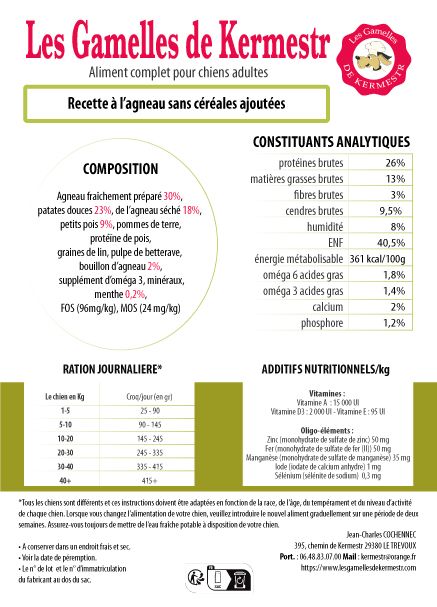 composition des Croquettes Sans Céréales agneau pour chien  : les gamelles de kermestr