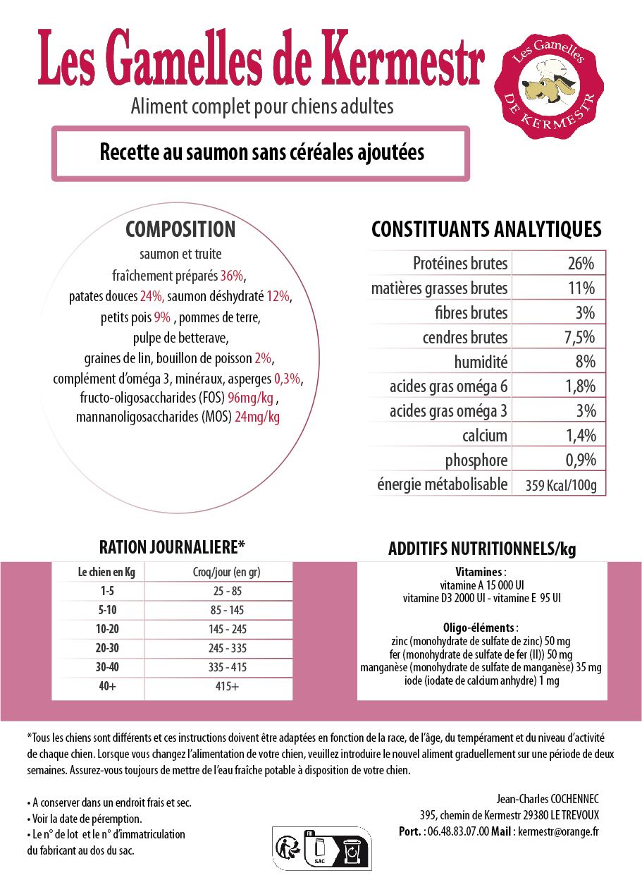 composition des Croquettes Sans Céréales saumon truite pour chien  : les gamelles de kermestr