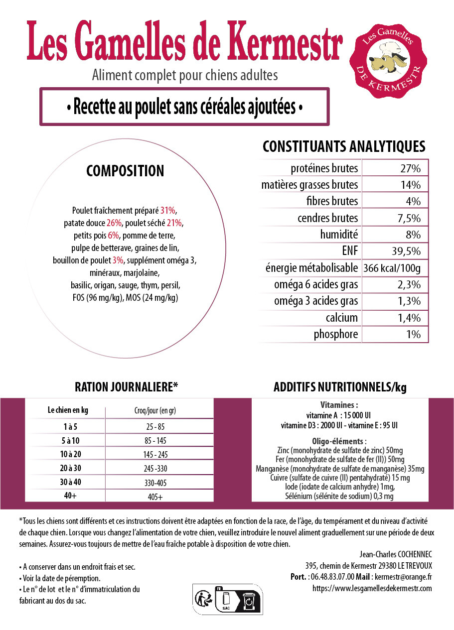 composition des Croquettes Sans Céréales poulet pour chien  : les gamelles de kermestr
