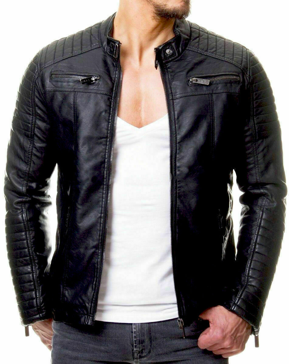 Mens VINTAGE CAFE RACER Black Real Leather Slim Fit Biker Jacket