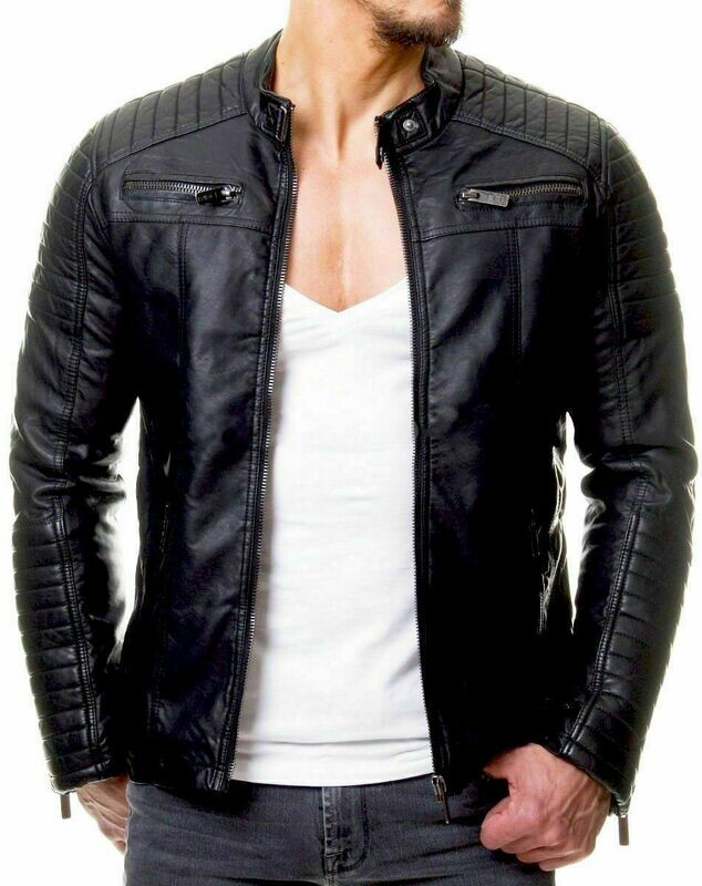 Mens VINTAGE CAFE RACER Black Real Leather Slim Fit Biker Jacket