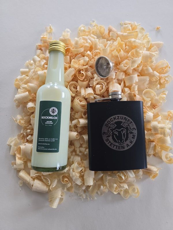 Flachmann - Schwarz mit 0,25 Liter Bockmilch und Trichter