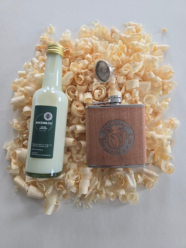 Flachmann Holz mit 0,25 Liter Bockmilch und Trichter