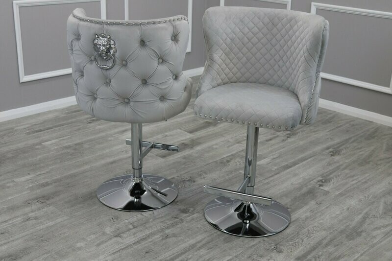 The Johnathan Buttoned Back Lion Knocker Barstool - Light Grey