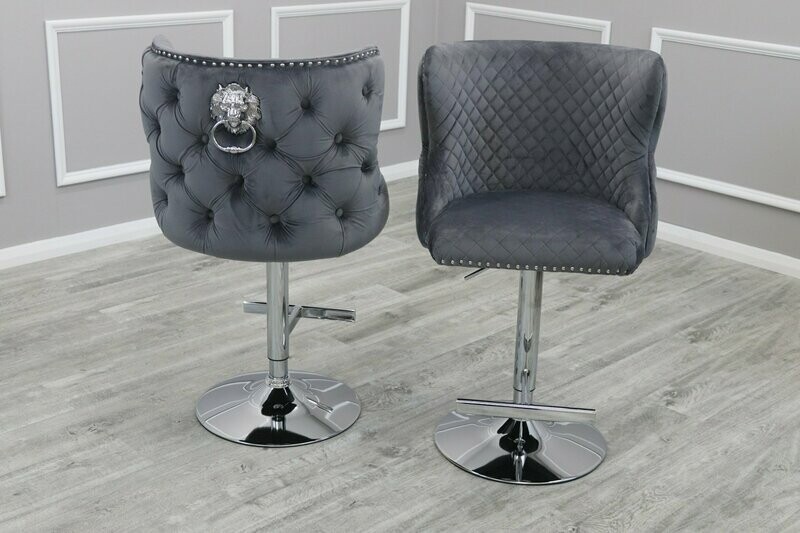 The Johnathan Buttoned Back Lion Knocker Barstool - Dark Grey