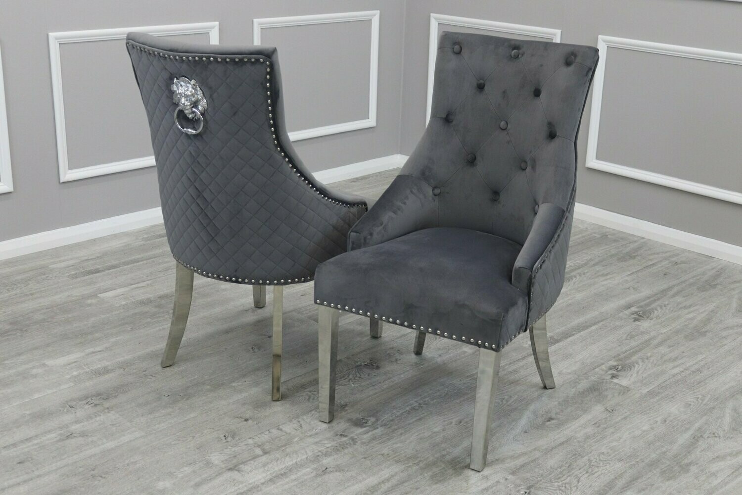Maxwell Quilted Lion Knocker Chair - Dark Grey