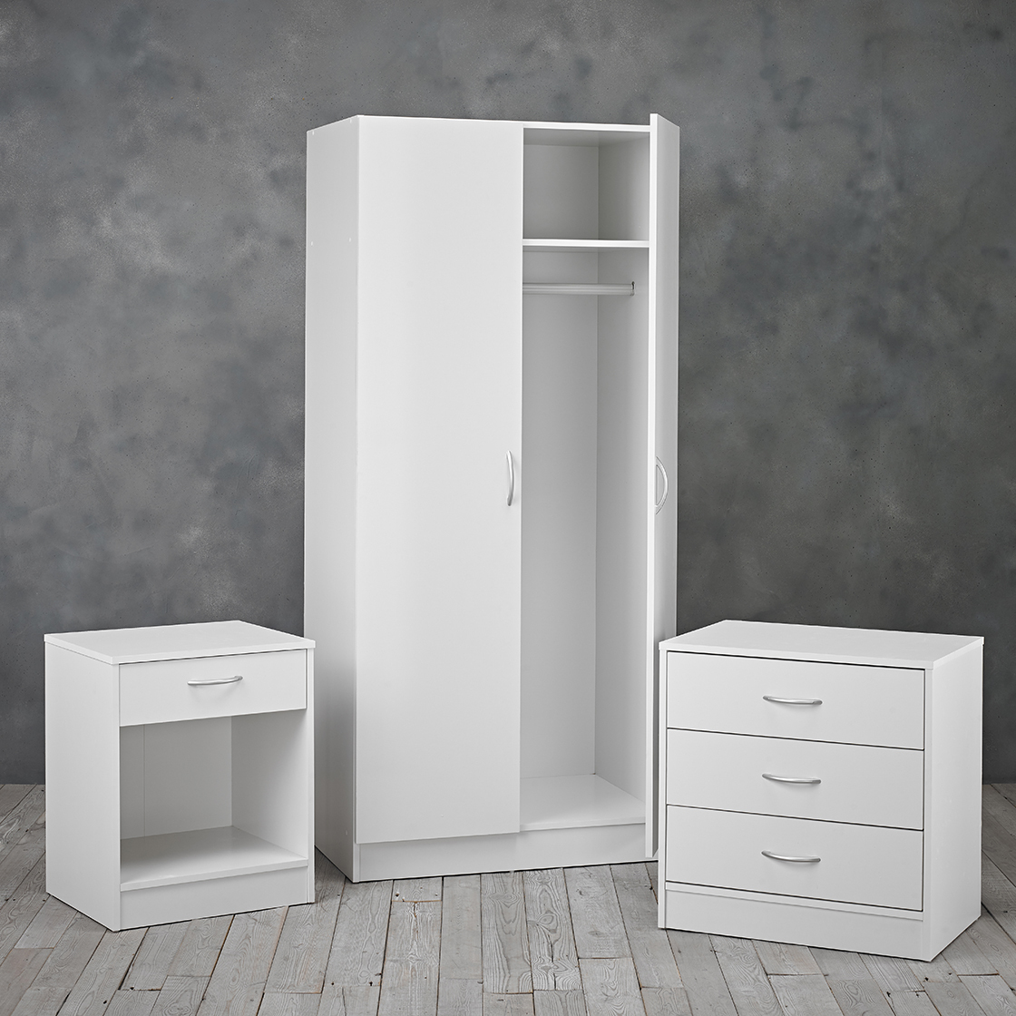 Delta 2 Door Robe, 3 Drawer Chest & Bedside in White