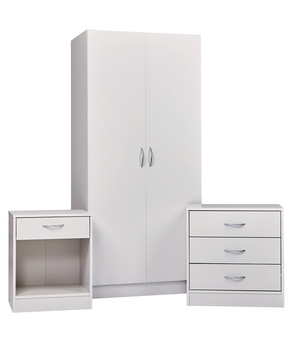 Delta 2 Door Robe, 3 Drawer Chest & Bedside in White