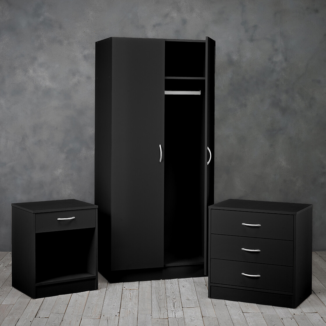Delta 2 Door Robe, 3 Drawer Chest & Bedside in Black