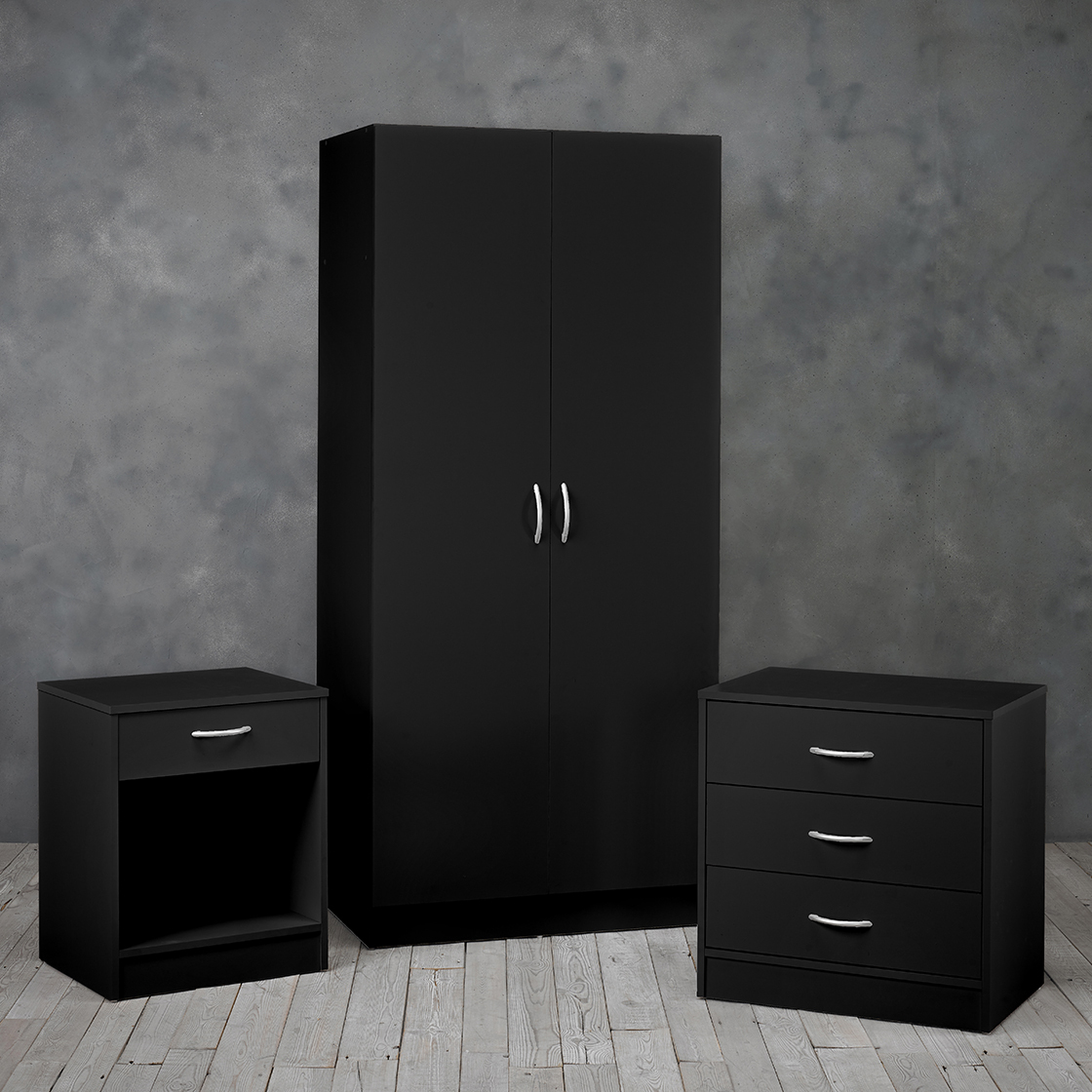 Delta 2 Door Robe, 3 Drawer Chest & Bedside in Black